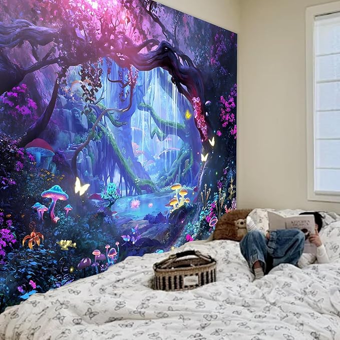 Apdidl Forest Nature Room Decor Tapestry Wall Hanging, Fantasy Trees Butterfly Mushroom Tapestries for Bedroom, Blue Colorful Floral Magical Plants Jungle Landscape Backdrop for Living Room 60"X79"