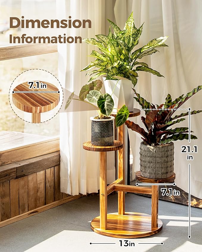 Bamworld Plant Stand Indoor 3 Tier Wood Plant Shelf for Multiple Plants, Tall Corner Plant Stand for Outdoor Round Flower Stand Plant Holder for Living Room Patio Garden Balcony