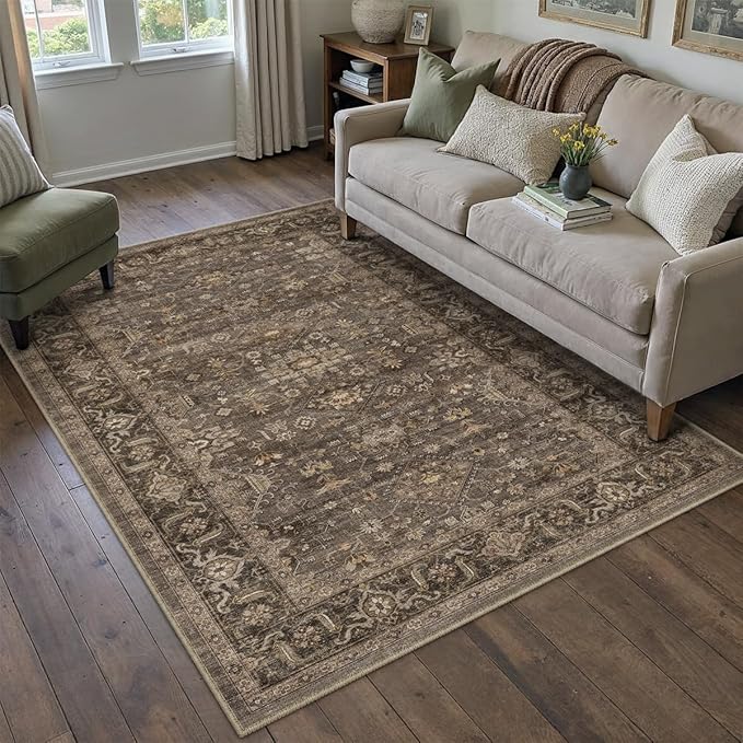 3x5 Washable Area Rug for Entryway Vintage Brown Non Slip Low Pile Carpet Traditional Retro Soft Throw Rug for Entrance Bathroom Door Mat Indoor Dorm Dining Room