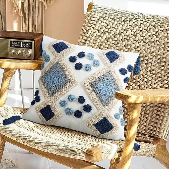 Blue Boho Decorative Lumbar Pillow Cover 18x18, Neutral Tufted Throw Pillow Cover, Modern Mid Century Farmhouse Pillow Cover Geometric Pillowcase with Tassels for Couch Bed Sofa Bedroom Living Room