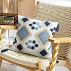 Blue Boho Decorative Lumbar Pillow Cover 18x18, Neutral Tufted Throw Pillow Cover, Modern Mid Century Farmhouse Pillow Cover Geometric Pillowcase with Tassels for Couch Bed Sofa Bedroom Living Room