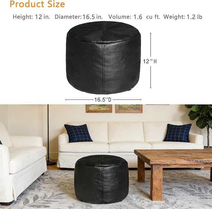Thgonwid Unstuffed Faux Leather Pouf Cover, Handmade Footstool Ottoman Storage Solution, Floor Footrest Cushion - 16.5" Dx12 H, Pure Black