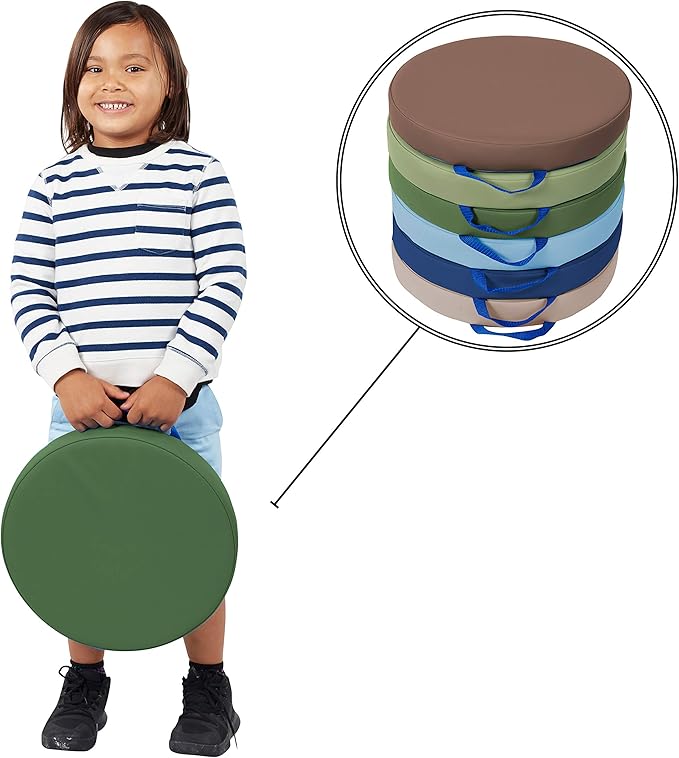 Factory Direct Partners SoftScape 15 inch Round Classroom Floor Cushions with Handles; Flexible Seating for Daycare, Preschool, Playroom; 2 inch Thick Deluxe Foam (6-Piece) - Earthtone, 11232-ET