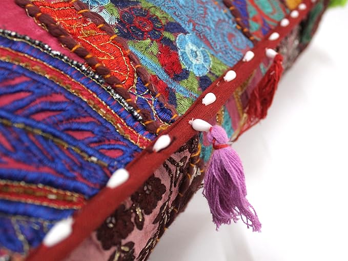 Mam Treasures Indian Bohemian Decorative Pillow Vintage Cushion Cover Patchwork Square Floor Pillow Cover Meditation Cushion Large Floor Pillow Indian Cushion (Brown, 16 X 16 X 5 Inch)