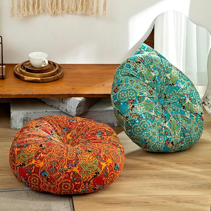 Moroccan Printed Round Chair Pads Cotton Linen Soft Comfort Chair Cushion Colorful Pompom Seat Cushions for Indoor Dining Room and Kitchen Chairs (Orange,22x22 Inch)