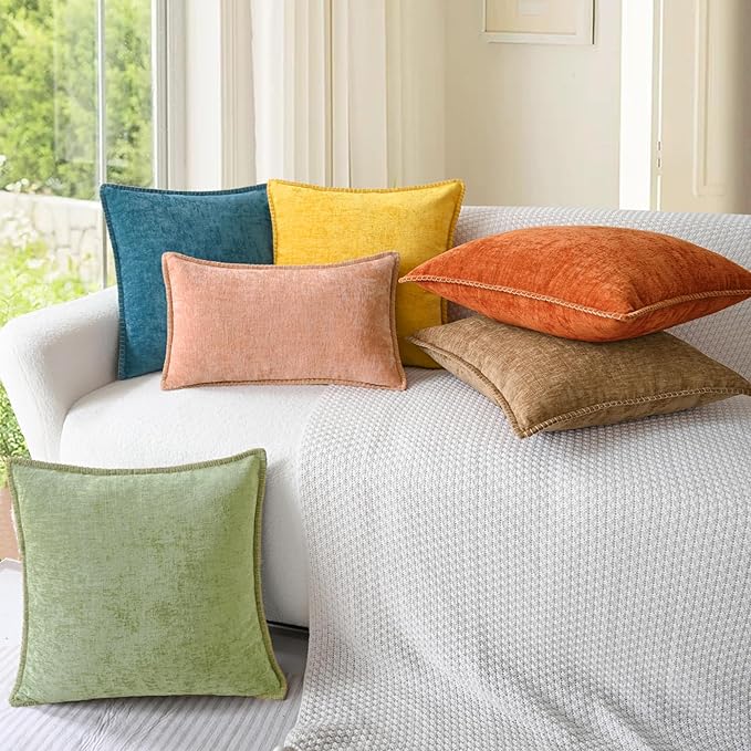 CaliTime Throw Pillow Covers Decorative 24 X 24 Inches Pack of 2 Cotton Thread Stitching Edges Solid Dyed Soft Chenille Cushion Cases for Couch Sofa Bed Living Room Farmhouse Apricot Brown