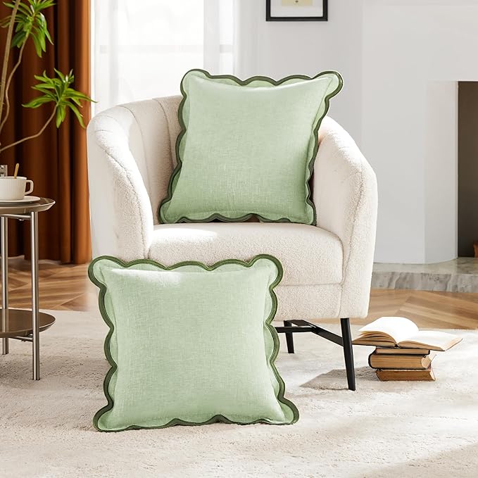 Light Green Scalloped Pillow Cover Pack of 2 Spring Chenille Decorative Cute Boho Couch Throw Pillow Covers 18" x 18" Aesthetic Funky Preppy Pillow Cases for Sofa Living Room