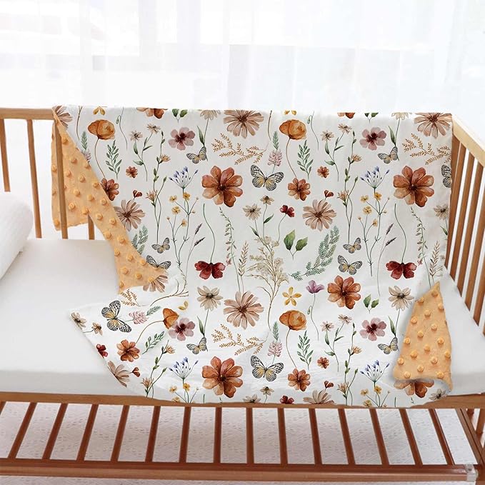 Wildflower Baby Blanket for Girls, Boho Flower Toddler Soft Minky Blanket with Double Layer Dotted Backing, Nursery Newborn Baby Receiving Blanket Butterfly Flower Garden, 30"x40"