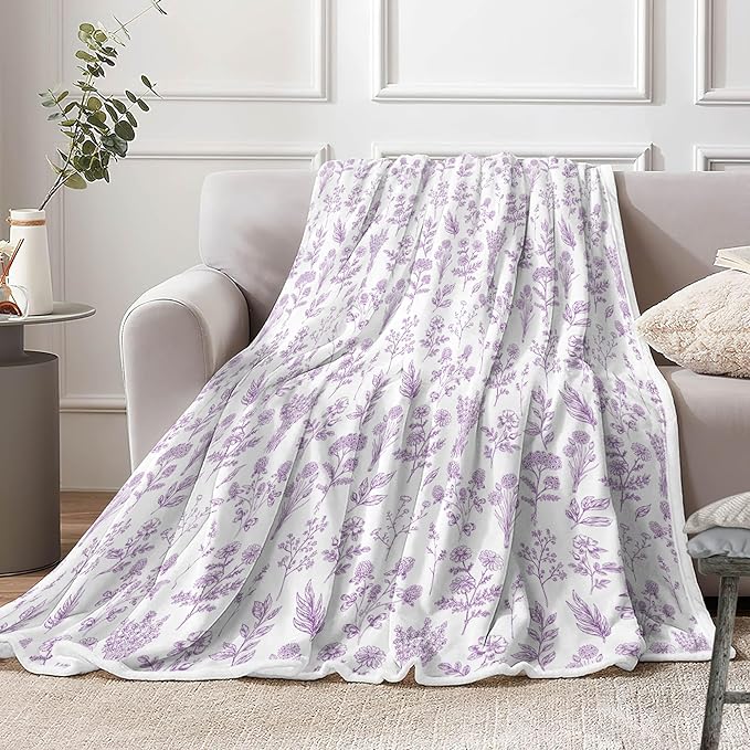 Floral Fuzzy Blanket Purple Floral Throw Blanket, Botanical Flowers Blankets, Soft, Flannel, Warm, Boho Flowers Bed Blankets All Season for Couch Bedroom Living Room 50X70 Inch