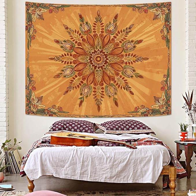 Accnicc Boho Floral Mandala Tapestry for Bedroom Bohemian Flower Wall Tapestry Aesthetic Small Vintage Orange Hippie Indian Tapestries Wall Hanging for Living Room Dorm Decor 60 x 44 Inch
