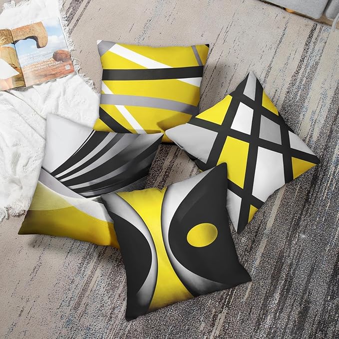 Emvency Set of 4 Yellow Throw Pillow Covers Modern Abstract Black Grey Stripes Gray White Acrylic Bold Decorative Pillow Cases Home Decor Square 20x20 Inches Pillowcases