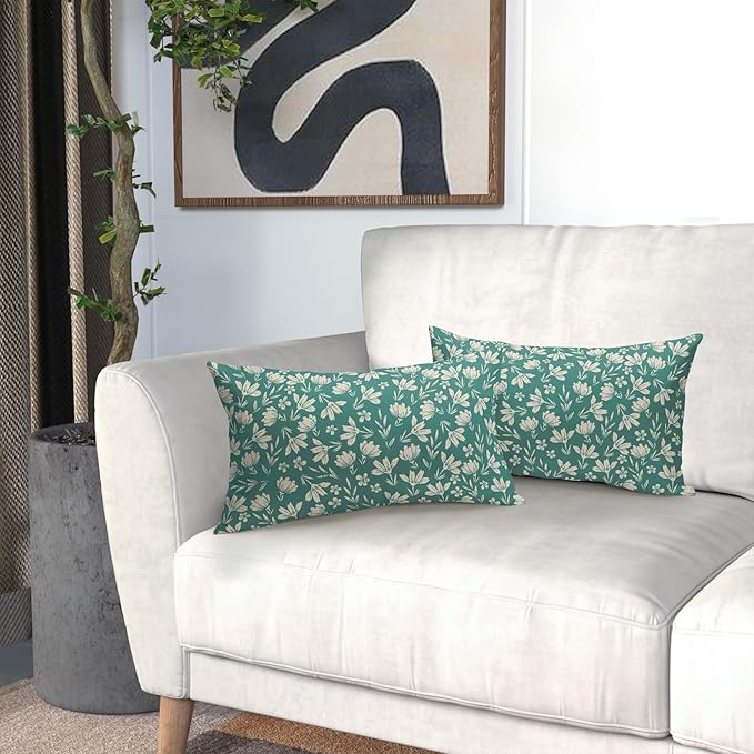 Aqua Pillow Covers 12x20 Set of 2 Vintage Floral Rustic Old Style Cute Flower Print Rectangle Decorative Outdoor Pillowcases Seasonal Farmhouse Throw Cushion Case Couch Sofa Bed Decor