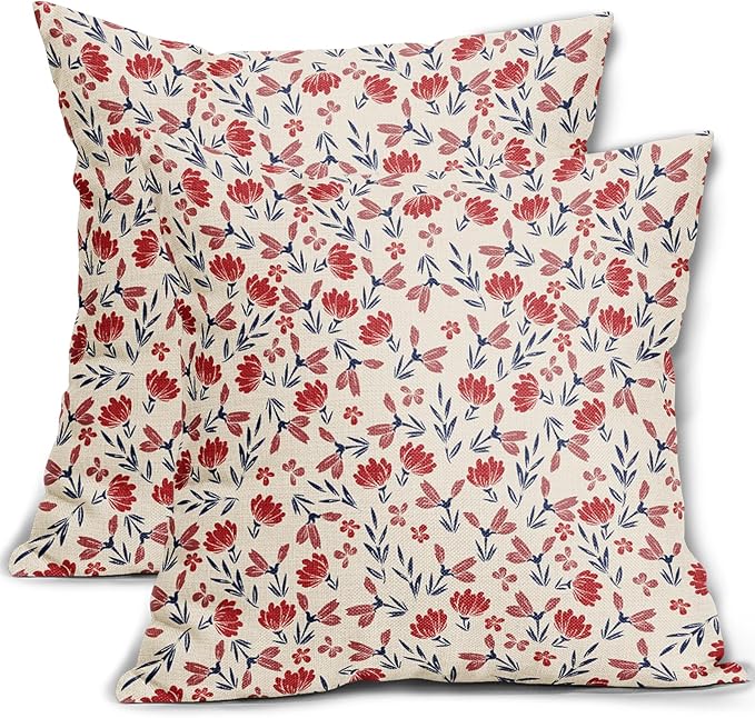 4th of July Floral Pillow Covers 20x20 Set of 2 Vintage Rustic Old Style Navy Blue Red Flower Print Decorative Outdoor Pillowcases Patriotic Farmhouse Throw Cushion Case Decor for Couch Sofa Bed
