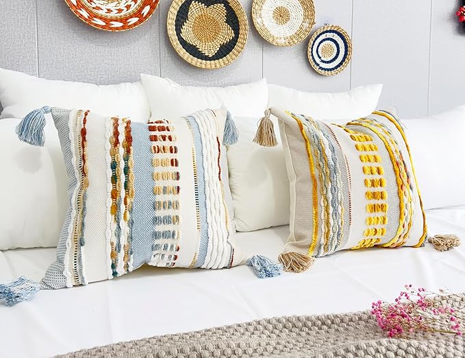 Boho Throw Pillow Covers 16x16 Aesthetic Neutral Boucle Couch Pillow Cover Rainbow Striped Decorative Accent Pillow Case for Couch Bed Sofa Farmhouse Bedroom,Modern Funky,Set of 2 Light Blue
