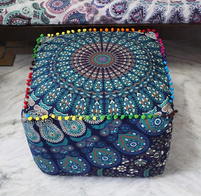 CRAFT KALA Indian Square Patchwork Traditional Pouf Cover Indian Living Room Pom Poufs Cover Decorative Designer Ottoman Home Living Footstool Chair Cover Ottoman Decor 22X22X14 inches, Blue Mirchi