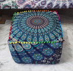 CRAFT KALA Indian Square Patchwork Traditional Pouf Cover Indian Living Room Pom Poufs Cover Decorative Designer Ottoman Home Living Footstool Chair Cover Ottoman Decor 16X16X14 inches, Blue Mirchi