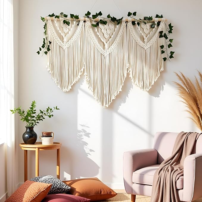 guzhiou large macrame wall hanging - Boho Tapestry Macrame Wall Decor Art- Chic Bohemian Handmade Woven Tapestry Home Decoration for Bedroom Living Room Apartment Wedding Party - 43"x32" (with Ivy)