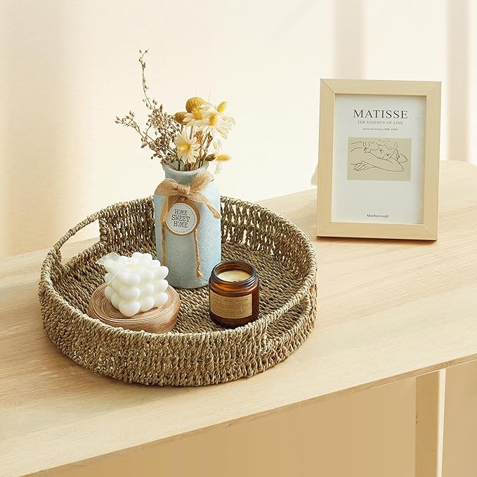 13 inch Round Wicker Tray, Hand-Woven Rattan Serving Trays with Handles for Snack Drinks Coffee Table Tray, Seagrass 1Pack
