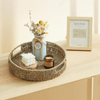13 inch Round Wicker Tray, Hand-Woven Rattan Serving Trays with Handles for Snack Drinks Coffee Table Tray, Seagrass 1Pack