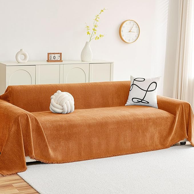 hyha Couch Cover for Dogs, Boho Sofa Covers for 3 Cushion Couch Washable, Chenille Sofa Slipcover for Pets, Soft Loveseat Sectional Couch Throw Blankets with Tassels (Orange, 71x102 Inch)
