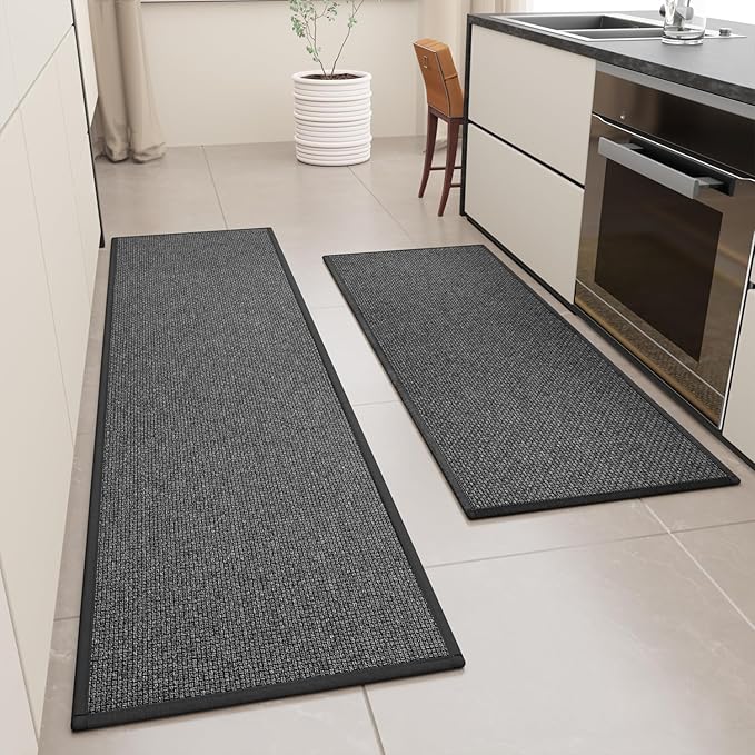 Kitchen Mat Set of 2 PCS, Cushioned Non Slip Rugs for Kitchen Floor, Absorbent Runner Comfort Standing Mats Washable for Kitchen, Office, Home, (Black, 17.3"x47"+17.3"x71")