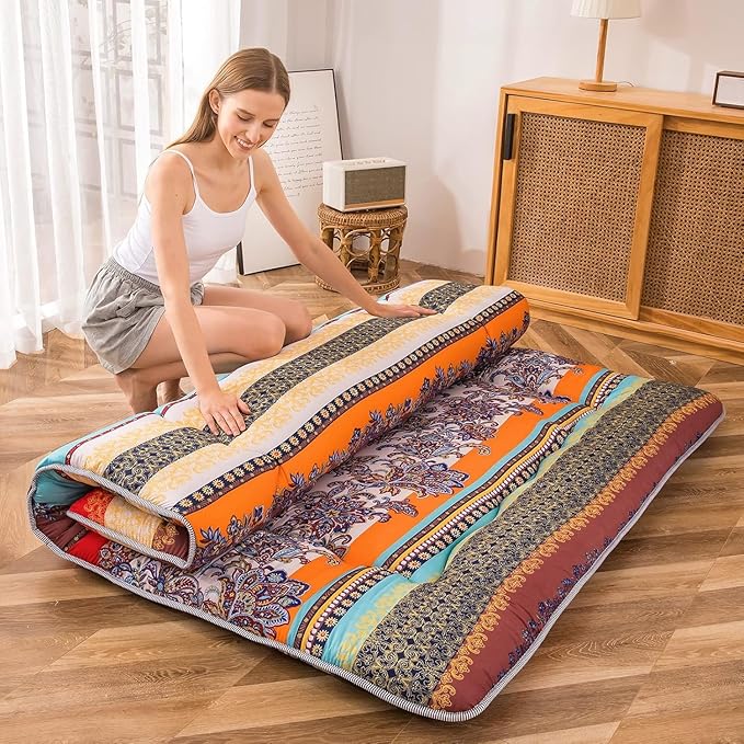 MAXYOYO Bohemian Retro Floor Mattress Vintage Floral Japanese Futon Mattress Roll Up Thicken Sleeping Bed Portable Camping Mattress Floor Lounger Couch Bed Pad, Twin Size