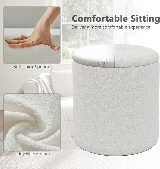 Ottoman Poufs with Storage,Soft Upholstered Vanity Stool,Multifunctional Ottomans Coffee Table Padded Seat Foot Rest for Living (White M)