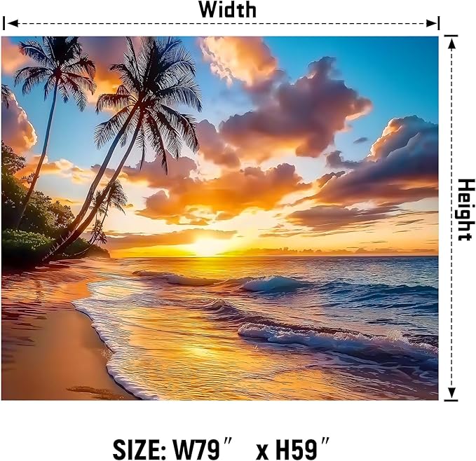 AOHMPT Ocean Sunset Tapestry, Beach Evening Sunset Tapestry, Natural Beach Palm Tree Landscape Poster, Seaside Landscape Wall Hanging for Bedroom, Dorm Room and Living Room Wall Decor 79" L x 59" W