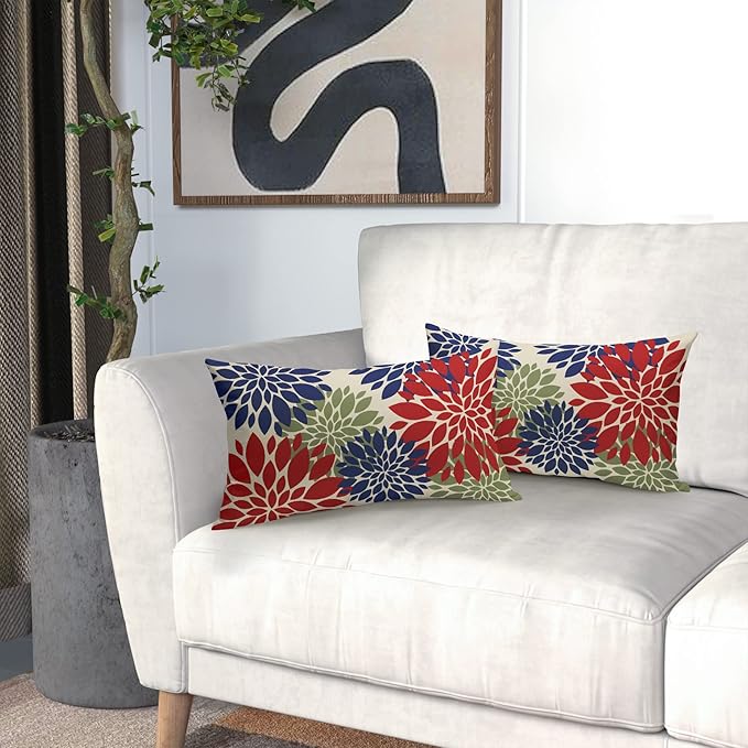 4th of July Pillow Covers 12X20 Inch Set of 2, Patriotic Red Blue Green Dahlia Floral Print Holiday Decorative Rectangle Throw Pillow Covers Outdoor Farmhouse Cushion Case for Couch Sofa Bed Decor