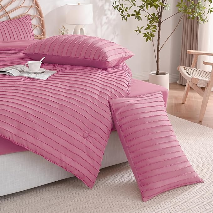 JELLYMONI Pillowcases Standard Size Bright Pink 2 Pack Boho Striped Bed Pillow Covers 20x26in Polyester Envelope Pillow Shams Tufted Bohemian Textured (Pillows are not Included)