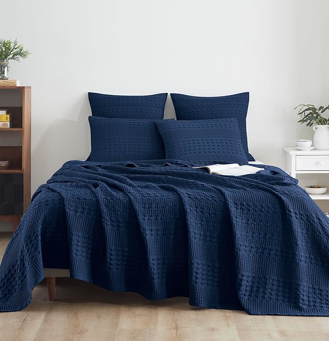 VHC Brands 100% Cotton Waffle Weave Queen Blanket 90"x90", Decorative Lightweight Spring and Summer Throw Blanket, Bedroom Decor for Bed, Couch, or Sofa, Navy
