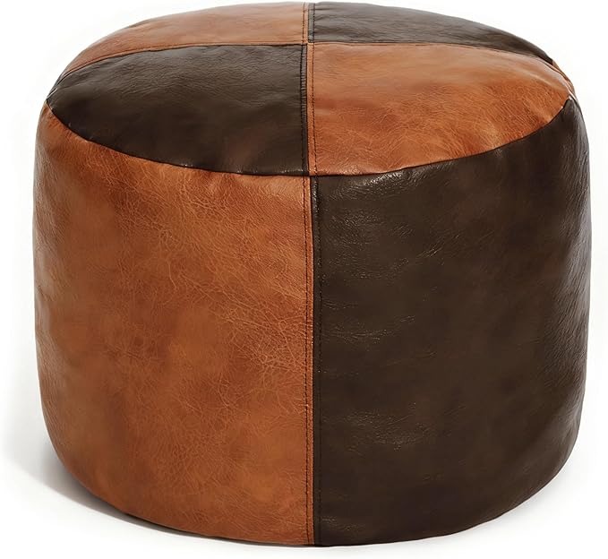 Thgonwid Unstuffed Faux Leather Pouf Cover, Handmade Footstool Ottoman Storage Solution, Floor Footrest Cushion - 16.5”Dx12”H, Brown & Coffee