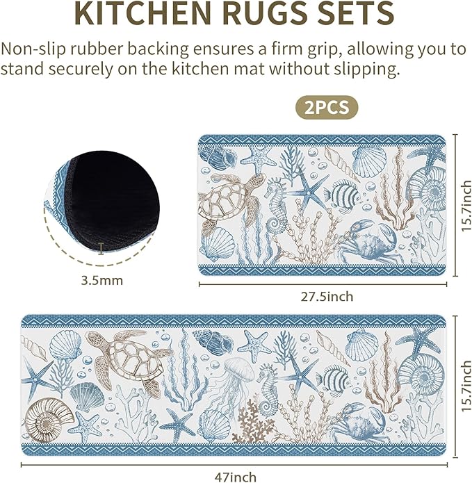 Coastal Rugs for Kitchen Floor, Beach Anti Fatigue Mats for Kitchen Floor Non Slip, 2PCS Rubber Ocean Coral Kitchen Mat, Washable Cushioned Runner Carpet for Sink Laundry 15.7"×27.5" +15.7"×47" 3.5mm