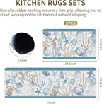 Coastal Rugs for Kitchen Floor, Beach Anti Fatigue Mats for Kitchen Floor Non Slip, 2PCS Rubber Ocean Coral Kitchen Mat, Washable Cushioned Runner Carpet for Sink Laundry 15.7"×27.5" +15.7"×47" 3.5mm