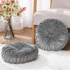2 Pcs Round Throw Pillows 15 Inch Decorative Velvet Pleated Pumpkin Pillows Boho Floor Pillow with Center Button for Living Room Couch Chair Bed Sofa Home Decoration (Gray)
