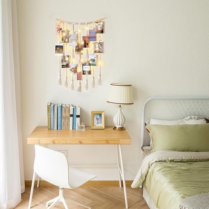 Mkono Macrame Hanging Photo Display Wall Decor with String Lights Boho Room Bedroom Wooden Beads Garland Picture Greeting Cards Holder with 30 Clips