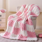 Admitrack Chunky Knit Blanket Throw 51"x63", 100% Hand Knit Chenille Throw Blanket for Sofa & Home Decor, Soft and Cozy Knitted Throw Blankets (Pink Checkered，51"x63")