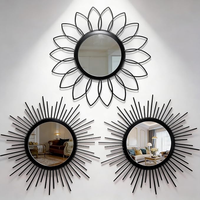Set of 3 Black Metal Sunburst Wall Mirrors - 12" Round Decorative Art for Living Room Bedroom Bathroom Entryway, No Assembly Required, Rust Resistant Design