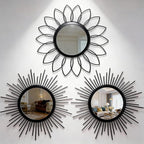 Set of 3 Black Metal Sunburst Wall Mirrors - 12" Round Decorative Art for Living Room Bedroom Bathroom Entryway, No Assembly Required, Rust Resistant Design