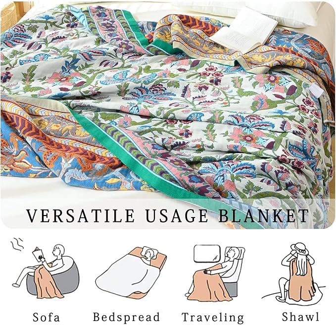 Boho Blanket Soft Muslin BohoThrow Blanket, 100% Cotton Floral Printed Farmhouse Decor All Season Reversible Rustic Throw for Sofa Couch Chair (White, 50"x60")