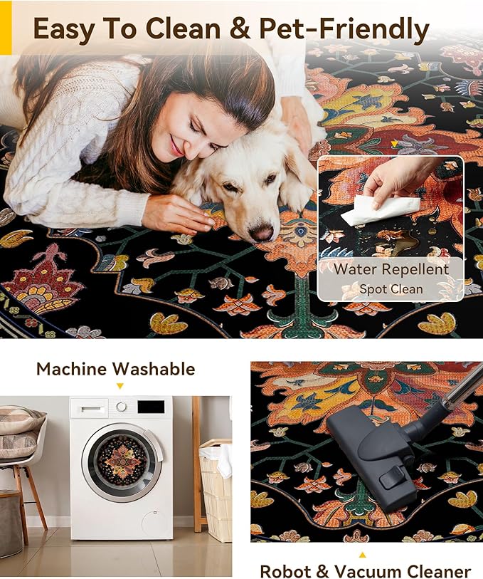 Area Rugs 8ft Washable Non-Slip, Floral Vintage Distress Print Pattern Medallion Carpet for Living Room Bedroom Dining Room, Black Colorful Floral Dark Tan