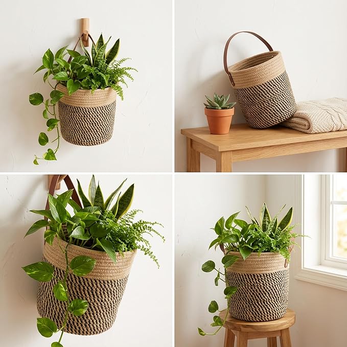 2-Pack Natural Jute Hanging Baskets 7 * 8inches, Round Woven Wall Decor & Storage Planter for Plant Decor and Home Organization,Walls Basket for Bedroom, Living Room, Bathroom,Boho Decor- Black Jute