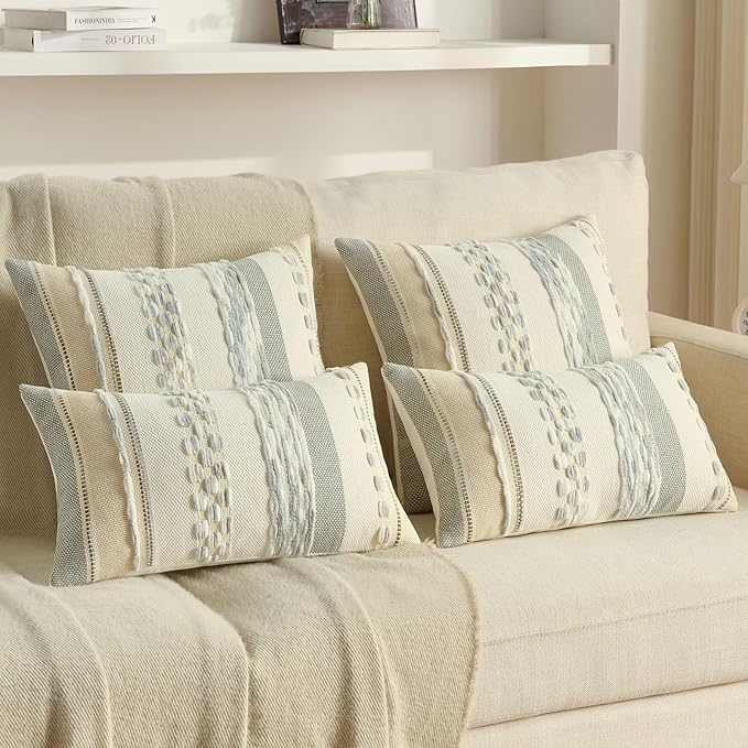 FUTEI Grey Blue White Decorative Throw Pillow Covers 20x20 Inch Set of 2, Soft Tufted Striped Textured Accent Cushion Case,Boho Pillows for Couch Decor