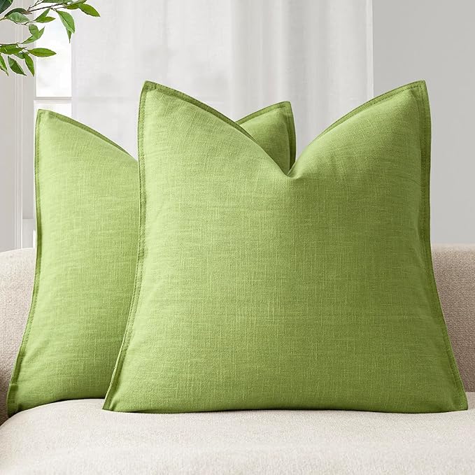 Foindtower Pack of 2, Decorative Linen Soild Throw Pillow Covers Soft Accent Euro Cushion Case Farmhouse Neutral Pillowcase for Chair Couch Sofa Bedroom Living Room Home Decor 18 x 18 Inch Lush Green
