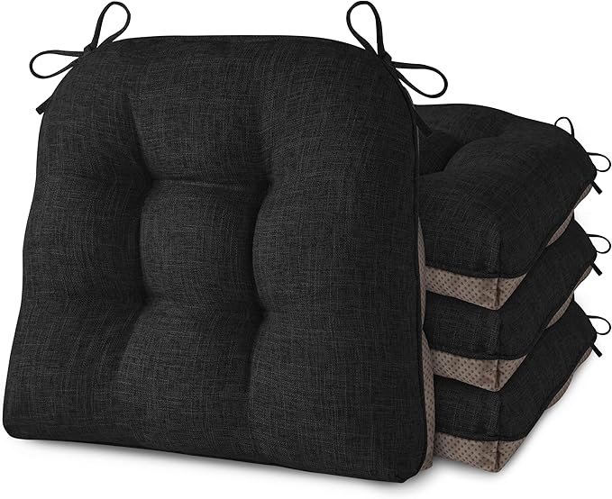 AddGrace Chair Cushions for Dining Chairs Set of 4 Kitchen Seat Cushions with Ties and Non Slip Backing Tufted Indoor Seat Pad for Kitchen Dining Room 18" x 17" x 3" Black