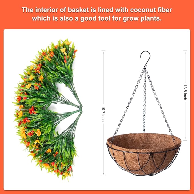 Artificial Hanging Flowers with 12" Basket for Outdoor Decor, Faux Silk Daisy Flower UV Resistant Plants Arrangements Decoration for Indoor Porch Garden Yard(Orange)