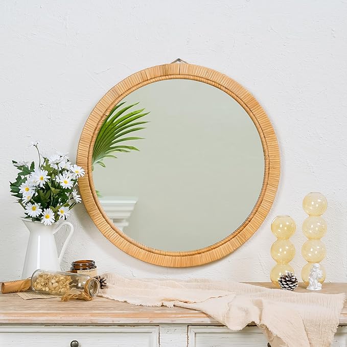 Rattan Wall Mirror - 20" Boho Round Bathroom Mirror Decorative Farmhouse Circle Mirror for Vanity Entryway Living Room Wall Decor