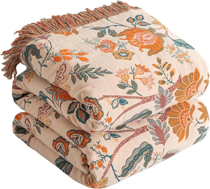 Boho Throw Blanket for Bed 90”x108”, 100% Cotton Woven Blanket for Couch Sofa, Ultra Soft 4-Layer Muslin Quilt with Floral Printed, Farmhouse Bed Blanket/Cover for Living Room Decor