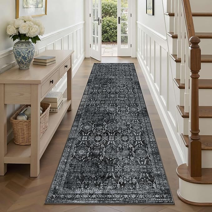 2'6''x8' Runner Rug, Washable Kitchen Rugs, Black Boho Vintage Floral Hallway Runner, Non Slip Low Pile Area Rug Carpet for Hallway, Kitchen, Laundry Room and Bathroom(Black 2.6x8ft)