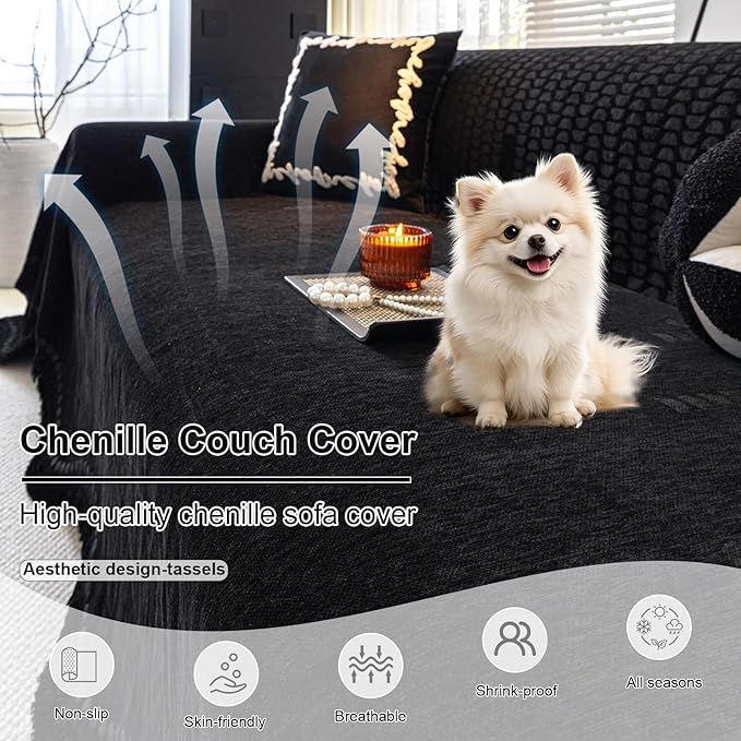 ROOMLIFE Black Sofa Cover, Vintage Boho Couch Cover for 3 Cushion Sofa, Non Slip Soft Chenille Sofa Slipcovers for Dog, Washable Furniture Sofa Protector Cover with Tassel for Living Room, 71''X150”